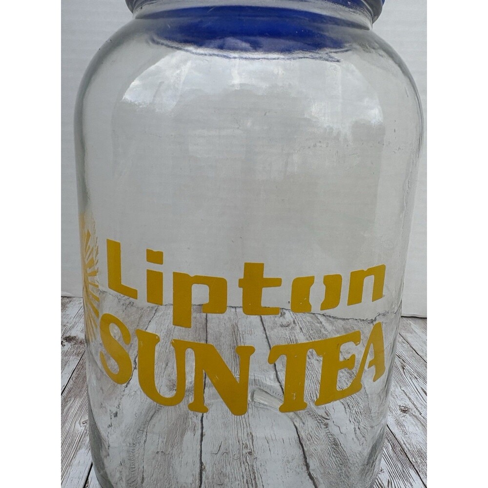 Lipton Vintage Sun Tea Jug Gallon Blue Lid Glass Jar With Logo